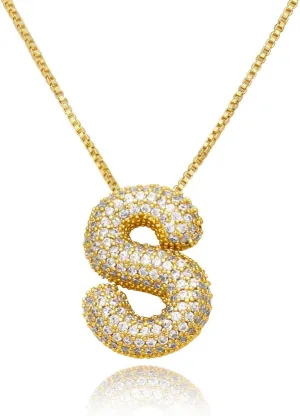 18K Bubble Letter Necklace Gold for Women, Initial Necklaces Rhinestone Chunky Bubble Letter Necklace as Birthday Gifts Charm Puff Name Pendant Alphabet Necklaces Non Tarnish Gold Plated Jewelry