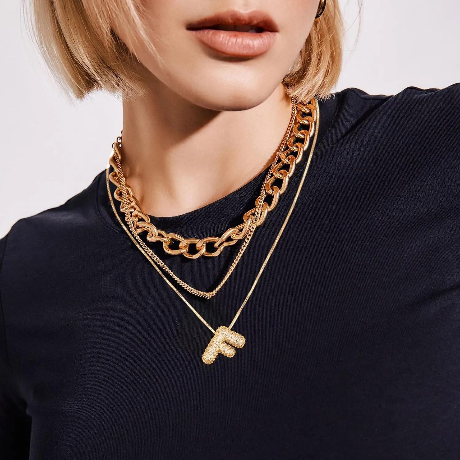 18K Bubble Letter Necklace Gold for Women, Initial Necklaces Rhinestone Chunky Bubble Letter Necklace as Birthday Gifts Charm Puff Name Pendant Alphabet Necklaces Non Tarnish Gold Plated Jewelry