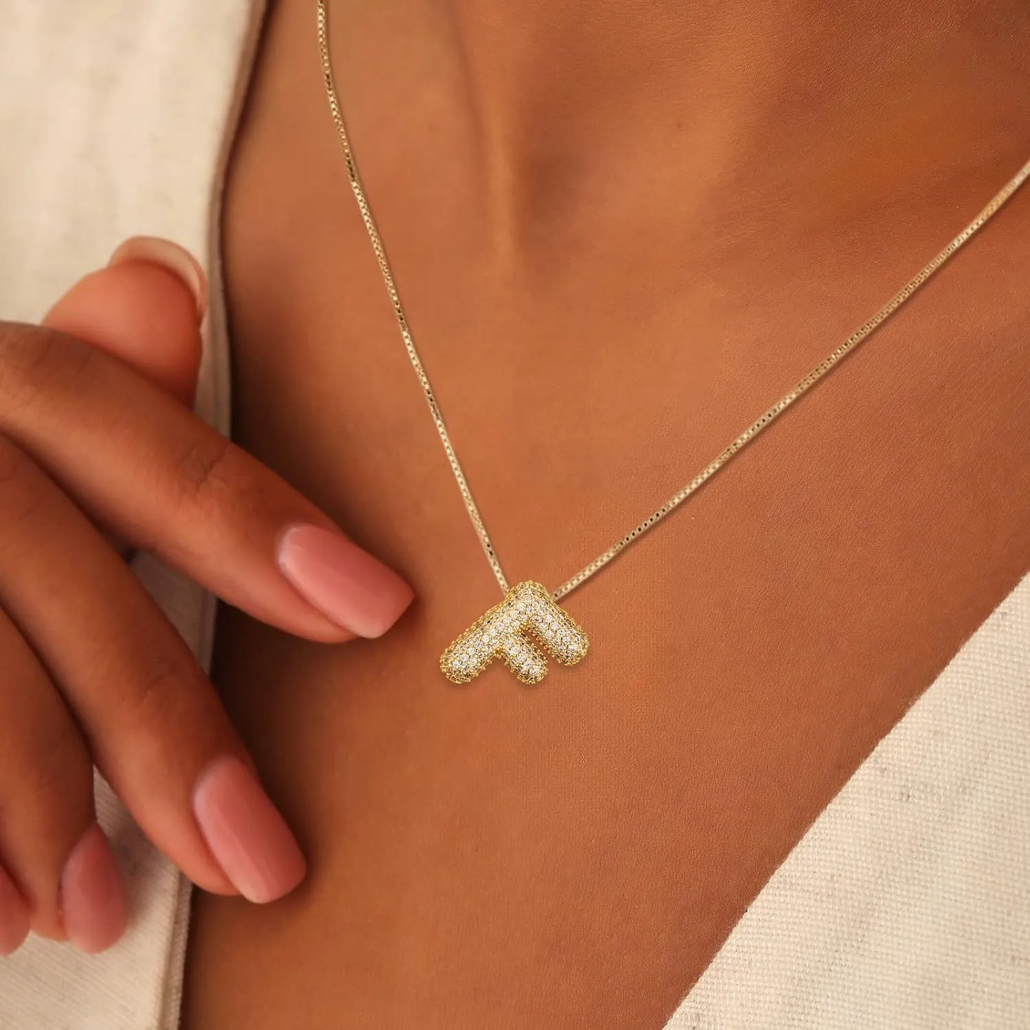 18K Bubble Letter Necklace Gold for Women, Initial Necklaces Rhinestone Chunky Bubble Letter Necklace as Birthday Gifts Charm Puff Name Pendant Alphabet Necklaces Non Tarnish Gold Plated Jewelry