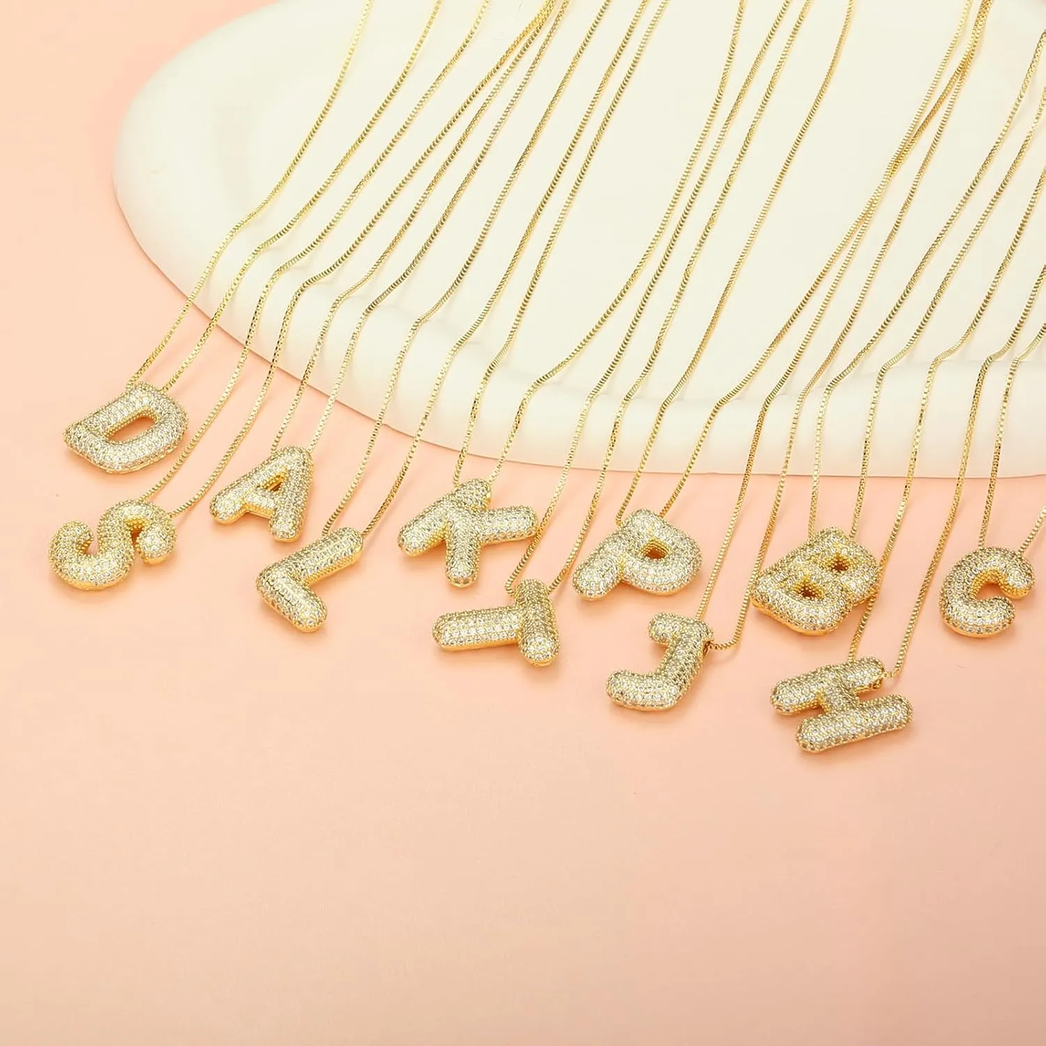 18K Bubble Letter Necklace Gold for Women, Initial Necklaces Rhinestone Chunky Bubble Letter Necklace as Birthday Gifts Charm Puff Name Pendant Alphabet Necklaces Non Tarnish Gold Plated Jewelry