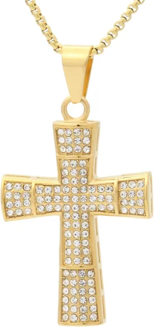 18K Gold Plated Stainless Steel Cross Pendant Iced Out Crystal Necklace