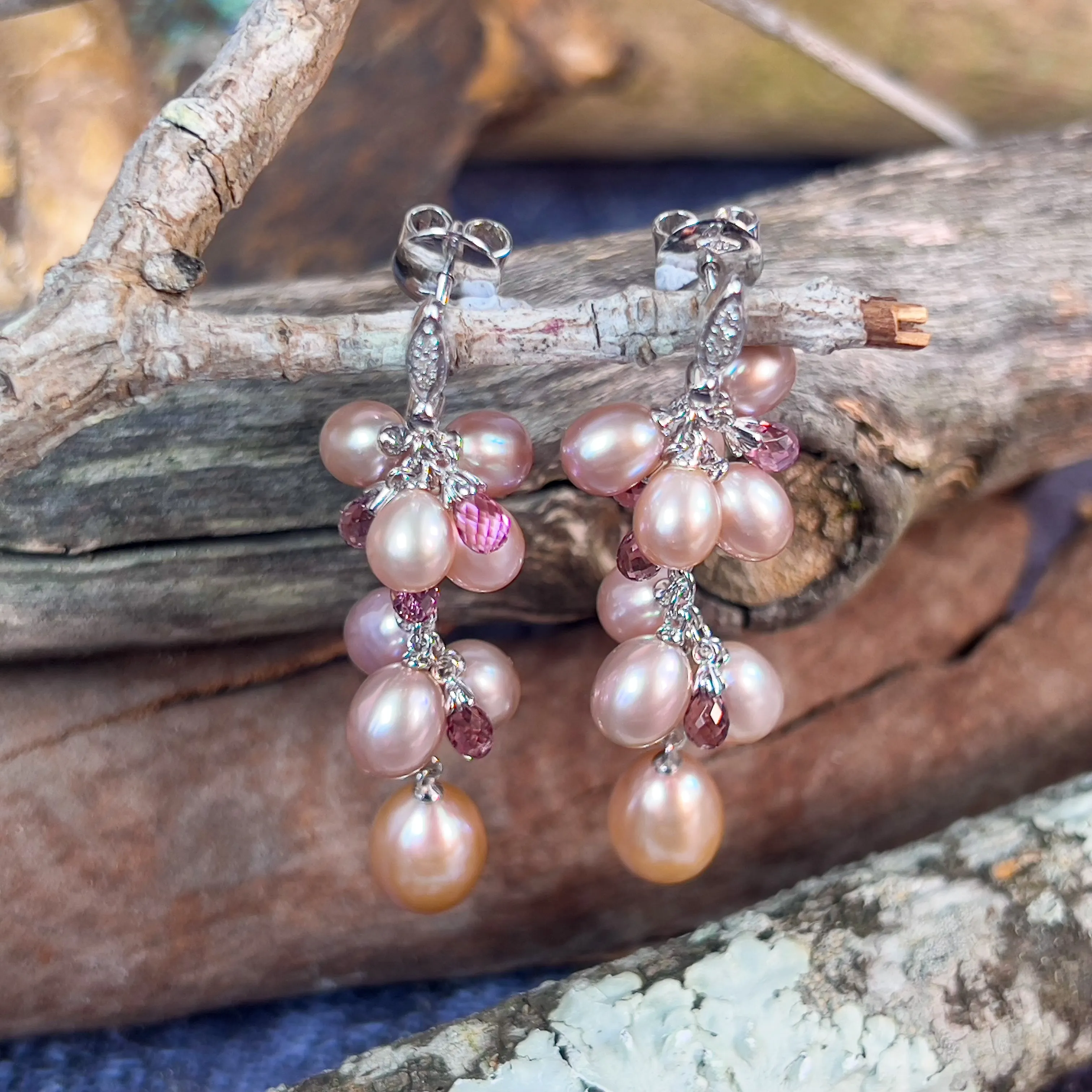 18kt White Gold Pearl, Diamond, Pink Sapphire dangling earrings