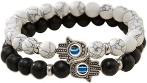 2-3Pcs Lucky Turkish Blue Evil Eye Hamsa Hand of Fatima Beaded Stretch Bracelet Elastic 7 Chakras Gemstone Lava Stone Bracelet for Women Men Good Luck Protection Amulet Jewelry