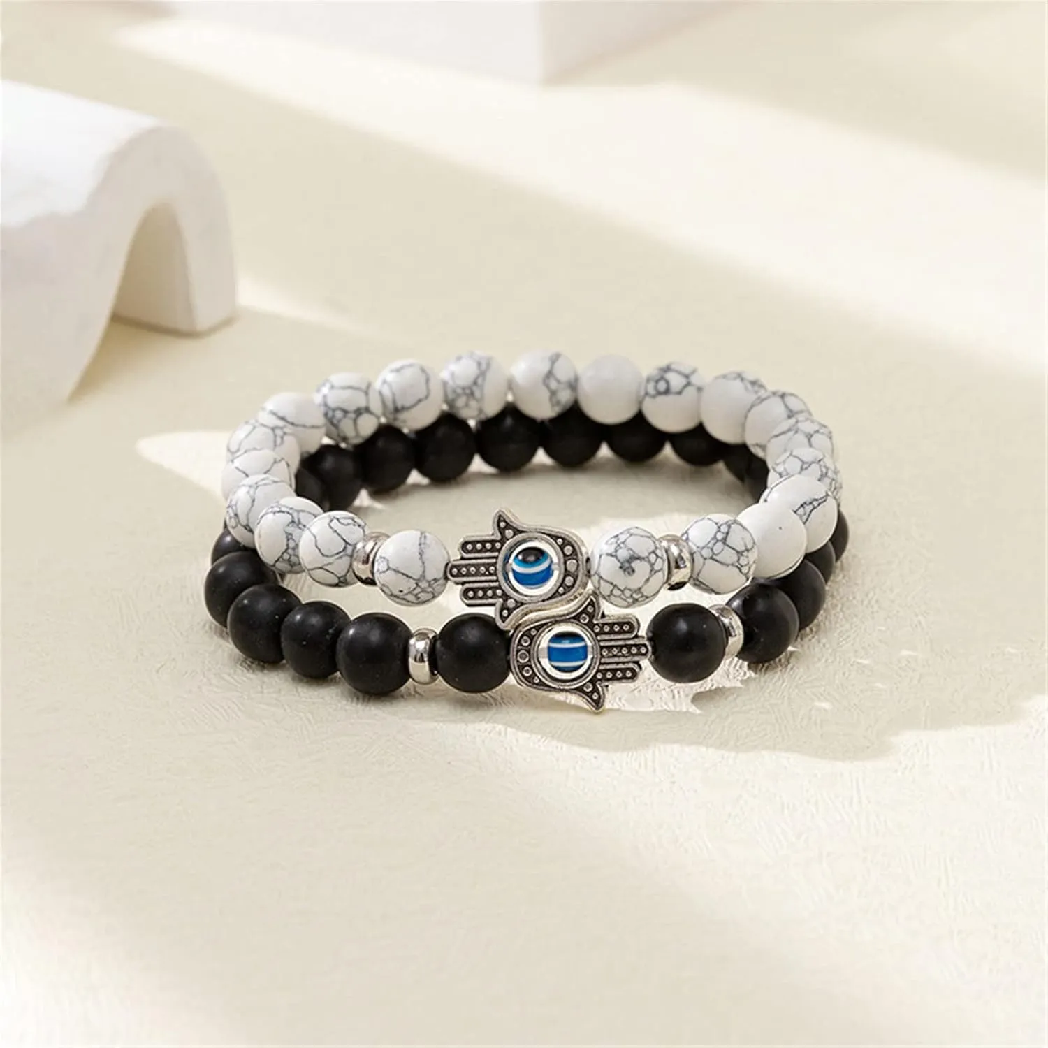 2-3Pcs Lucky Turkish Blue Evil Eye Hamsa Hand of Fatima Beaded Stretch Bracelet Elastic 7 Chakras Gemstone Lava Stone Bracelet for Women Men Good Luck Protection Amulet Jewelry