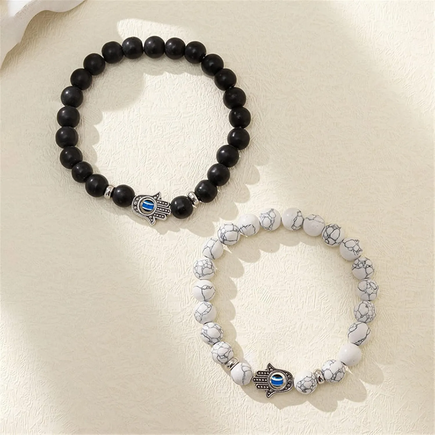 2-3Pcs Lucky Turkish Blue Evil Eye Hamsa Hand of Fatima Beaded Stretch Bracelet Elastic 7 Chakras Gemstone Lava Stone Bracelet for Women Men Good Luck Protection Amulet Jewelry