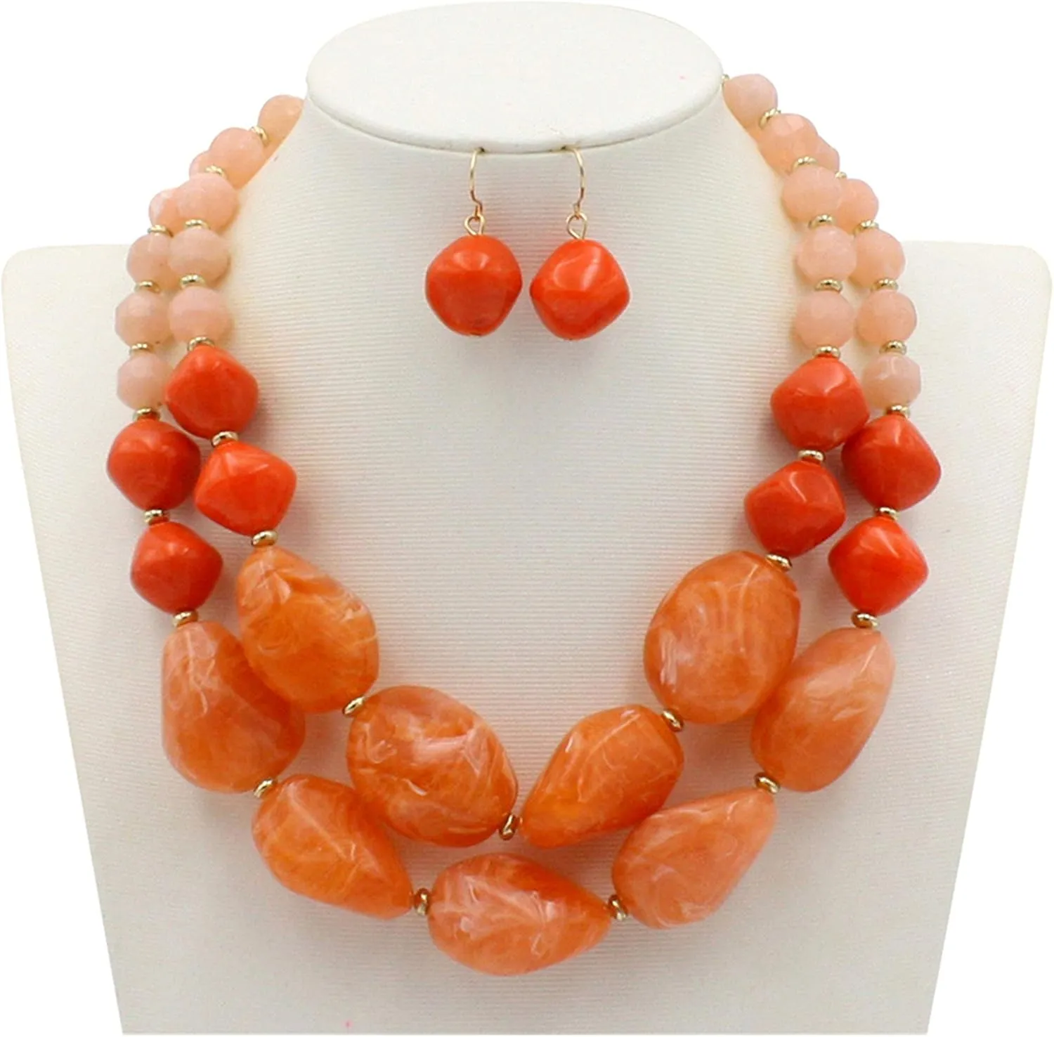 2 Layer Chunky Strand Statement Necklace Earrings Set for Women