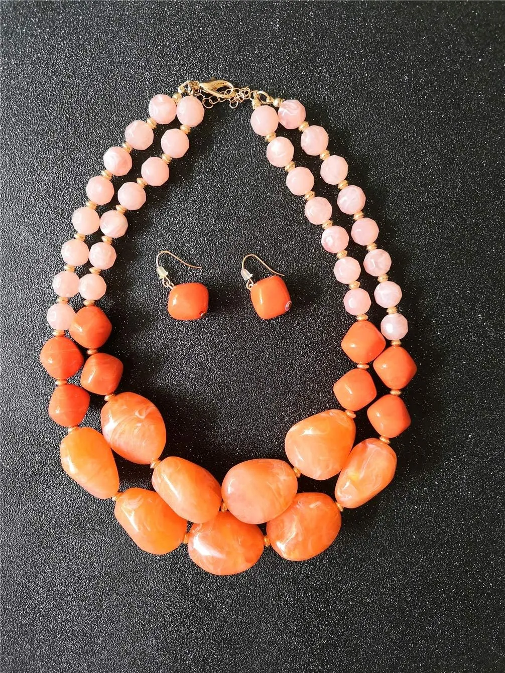 2 Layer Chunky Strand Statement Necklace Earrings Set for Women