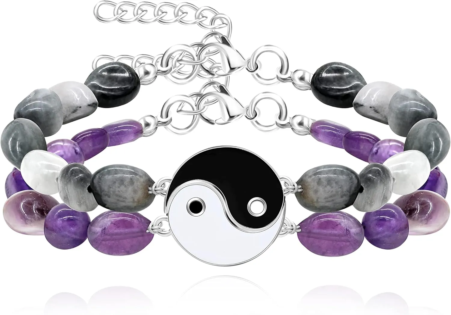 2 Yin Yang Bracelets Set for Couples - His and Hers Hematite Beads Bracelets for Men Women with Extended Stainless Steel Chain, Matching Puzzle Yinyang Bracelets for Boyfriend Girlfriend Best Friends,