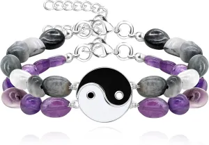 2 Yin Yang Bracelets Set for Couples - His and Hers Hematite Beads Bracelets for Men Women with Extended Stainless Steel Chain, Matching Puzzle Yinyang Bracelets for Boyfriend Girlfriend Best Friends,