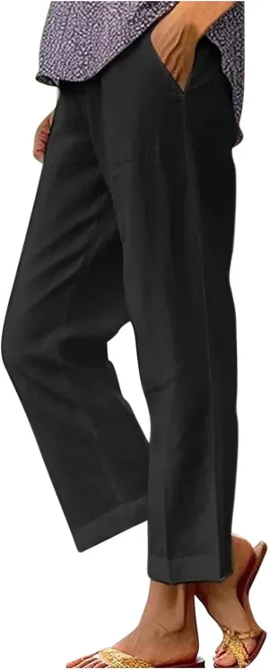 2024 Cotton Linen Pants Women Summer Elastic Waist Crop Pants Plus Size Straight Leg Slack Casual Trouser with Pocket