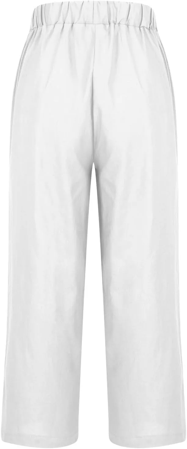 2024 Cotton Linen Pants Women Summer Elastic Waist Crop Pants Plus Size Straight Leg Slack Casual Trouser with Pocket