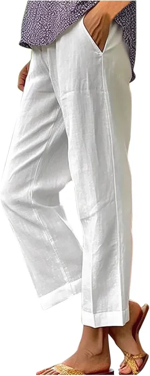 2024 Cotton Linen Pants Women Summer Elastic Waist Crop Pants Plus Size Straight Leg Slack Casual Trouser with Pocket