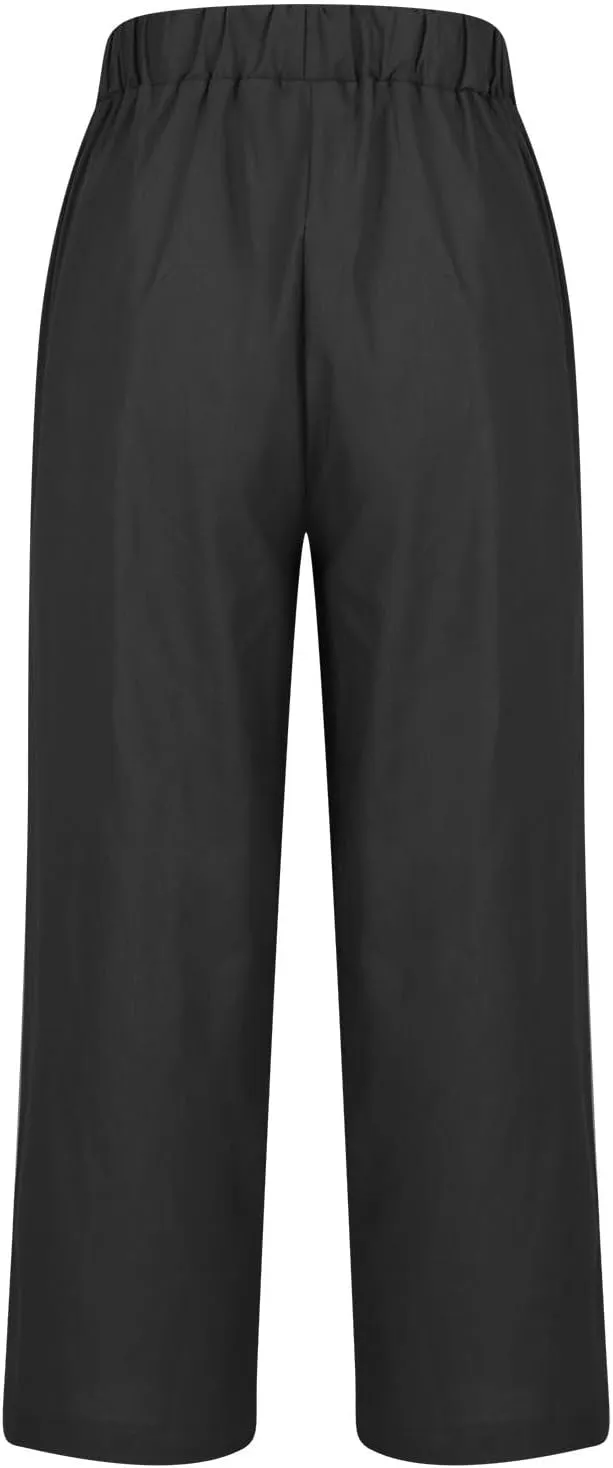 2024 Cotton Linen Pants Women Summer Elastic Waist Crop Pants Plus Size Straight Leg Slack Casual Trouser with Pocket