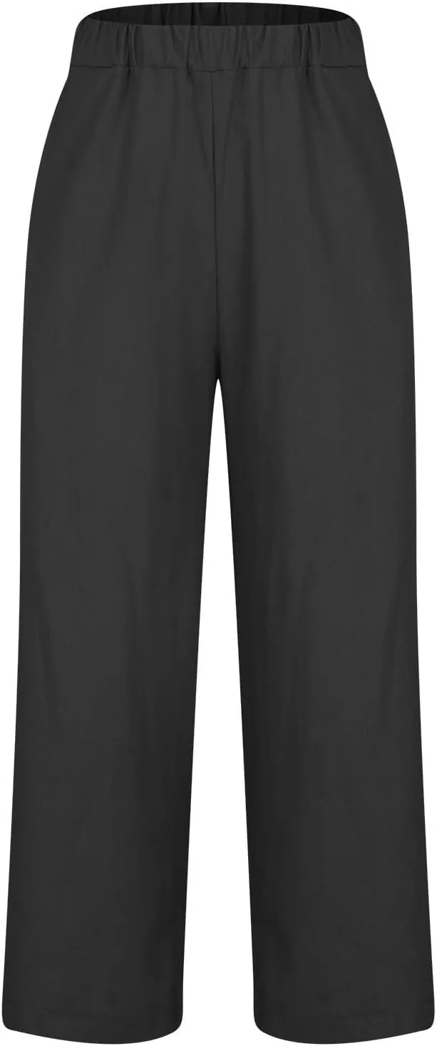 2024 Cotton Linen Pants Women Summer Elastic Waist Crop Pants Plus Size Straight Leg Slack Casual Trouser with Pocket
