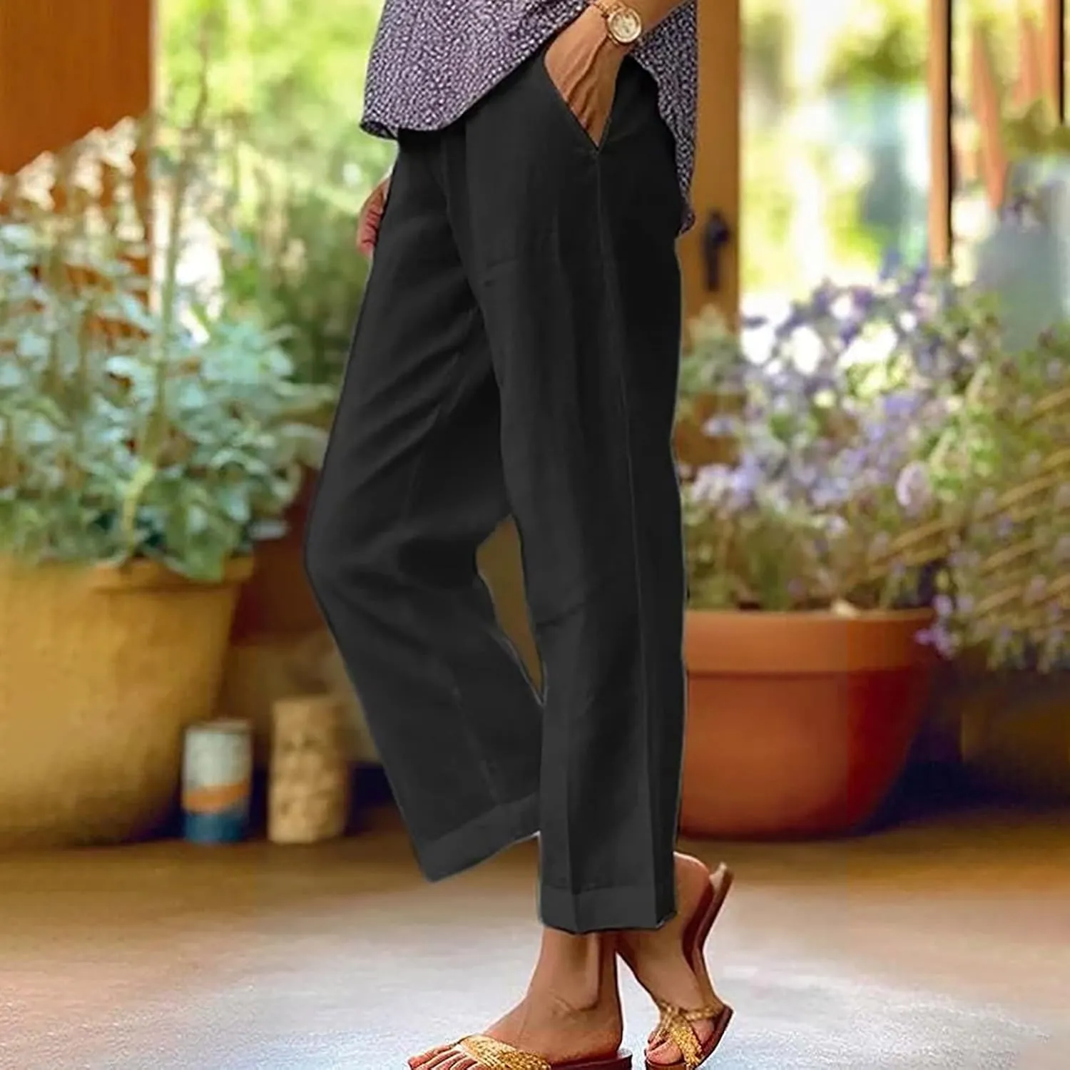 2024 Cotton Linen Pants Women Summer Elastic Waist Crop Pants Plus Size Straight Leg Slack Casual Trouser with Pocket