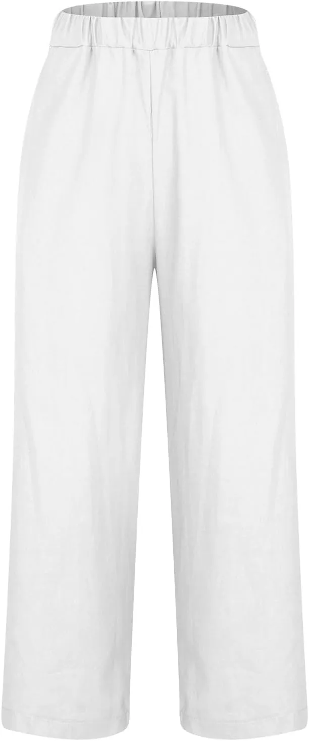 2024 Cotton Linen Pants Women Summer Elastic Waist Crop Pants Plus Size Straight Leg Slack Casual Trouser with Pocket