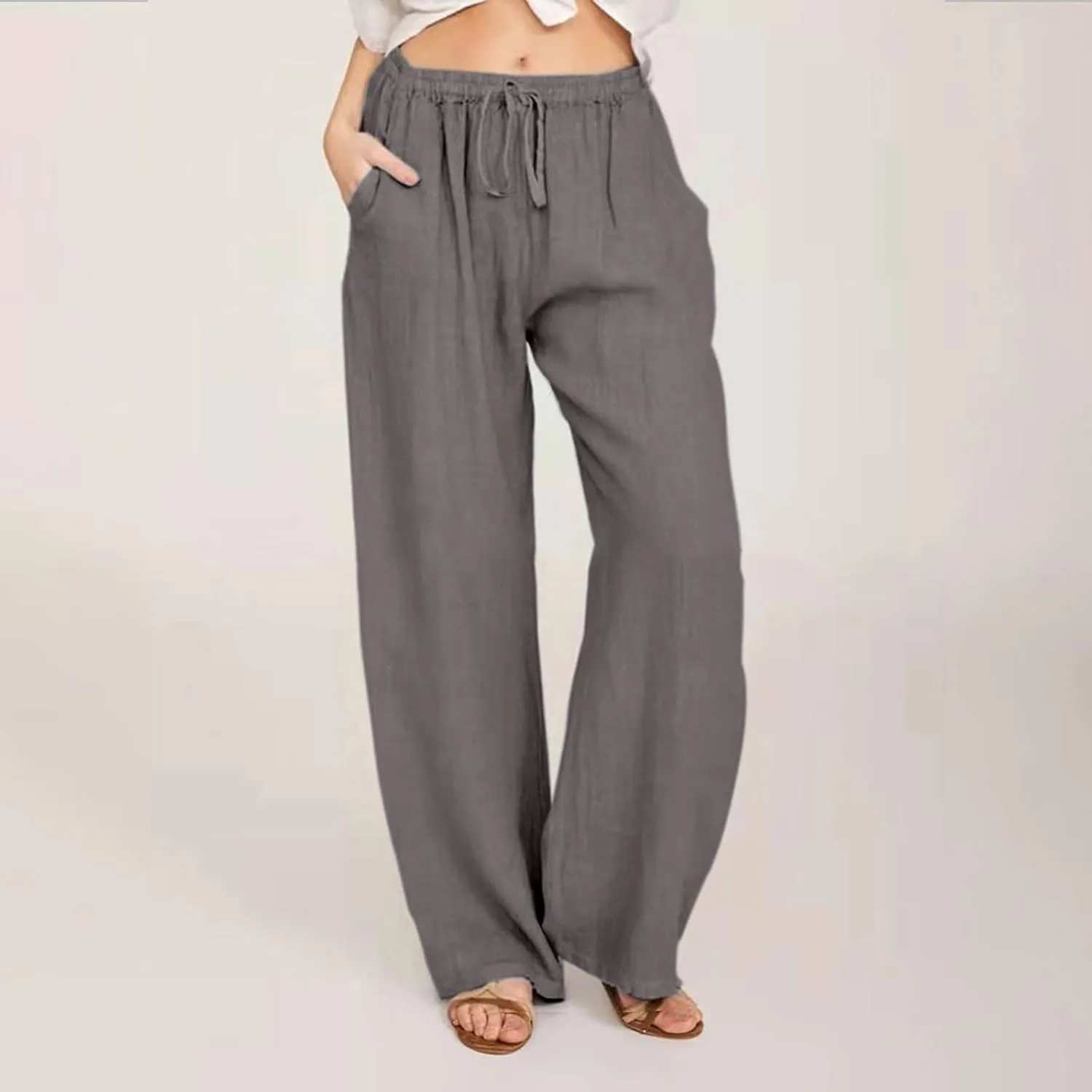 2024 Fashion Cotton Linen Pants Women's Summer Casual Drawstring Wide Leg Palazzo Pants Loose Comfy Trousers Pockets