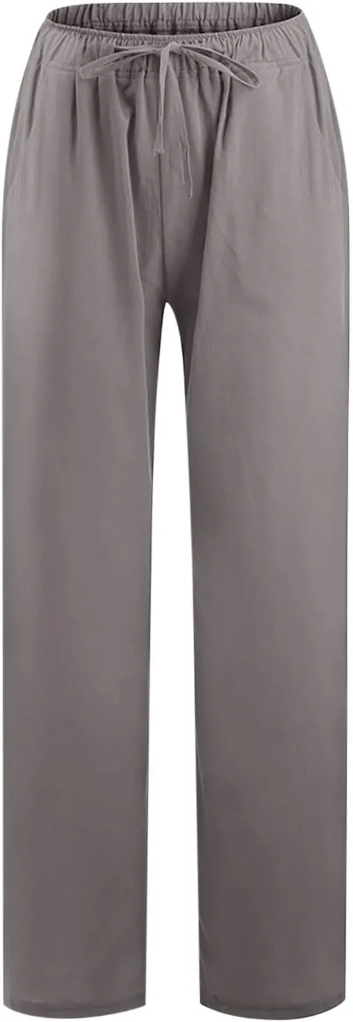 2024 Fashion Cotton Linen Pants Women's Summer Casual Drawstring Wide Leg Palazzo Pants Loose Comfy Trousers Pockets