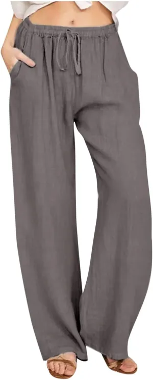 2024 Fashion Cotton Linen Pants Women's Summer Casual Drawstring Wide Leg Palazzo Pants Loose Comfy Trousers Pockets