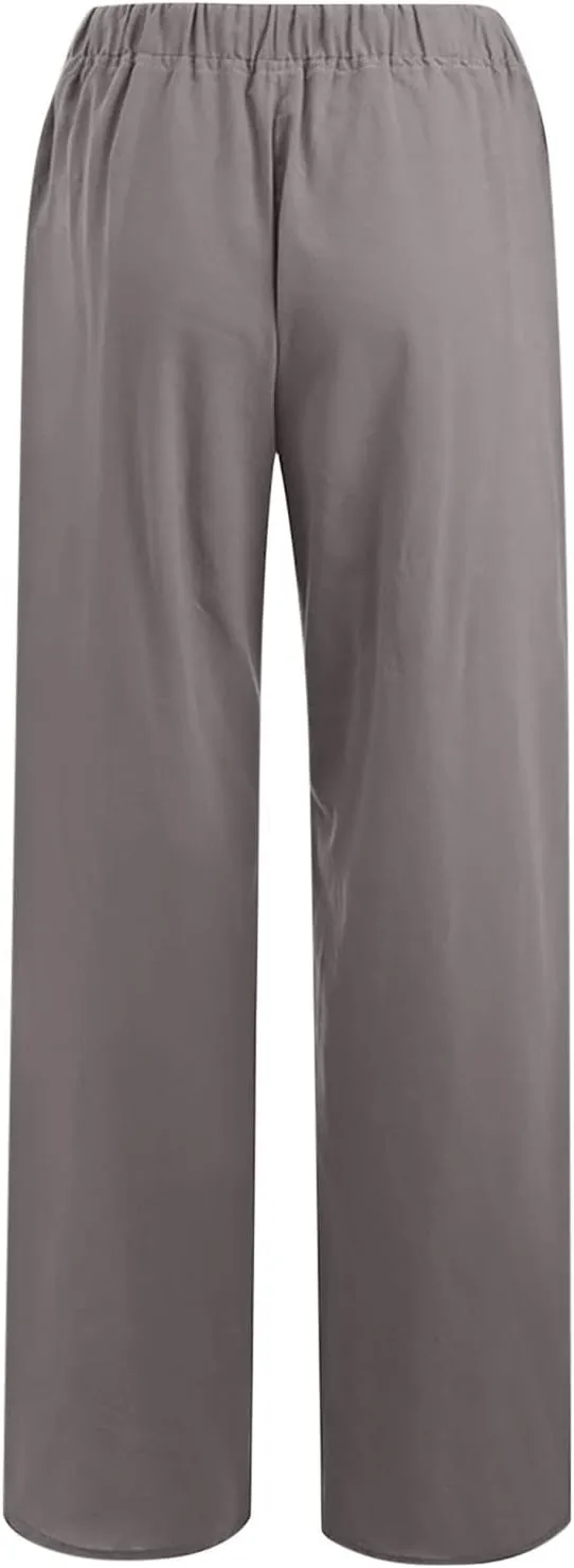 2024 Fashion Cotton Linen Pants Women's Summer Casual Drawstring Wide Leg Palazzo Pants Loose Comfy Trousers Pockets