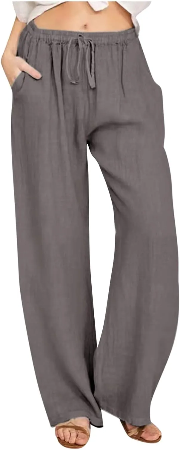 2024 Fashion Cotton Linen Pants Women's Summer Casual Drawstring Wide Leg Palazzo Pants Loose Comfy Trousers Pockets