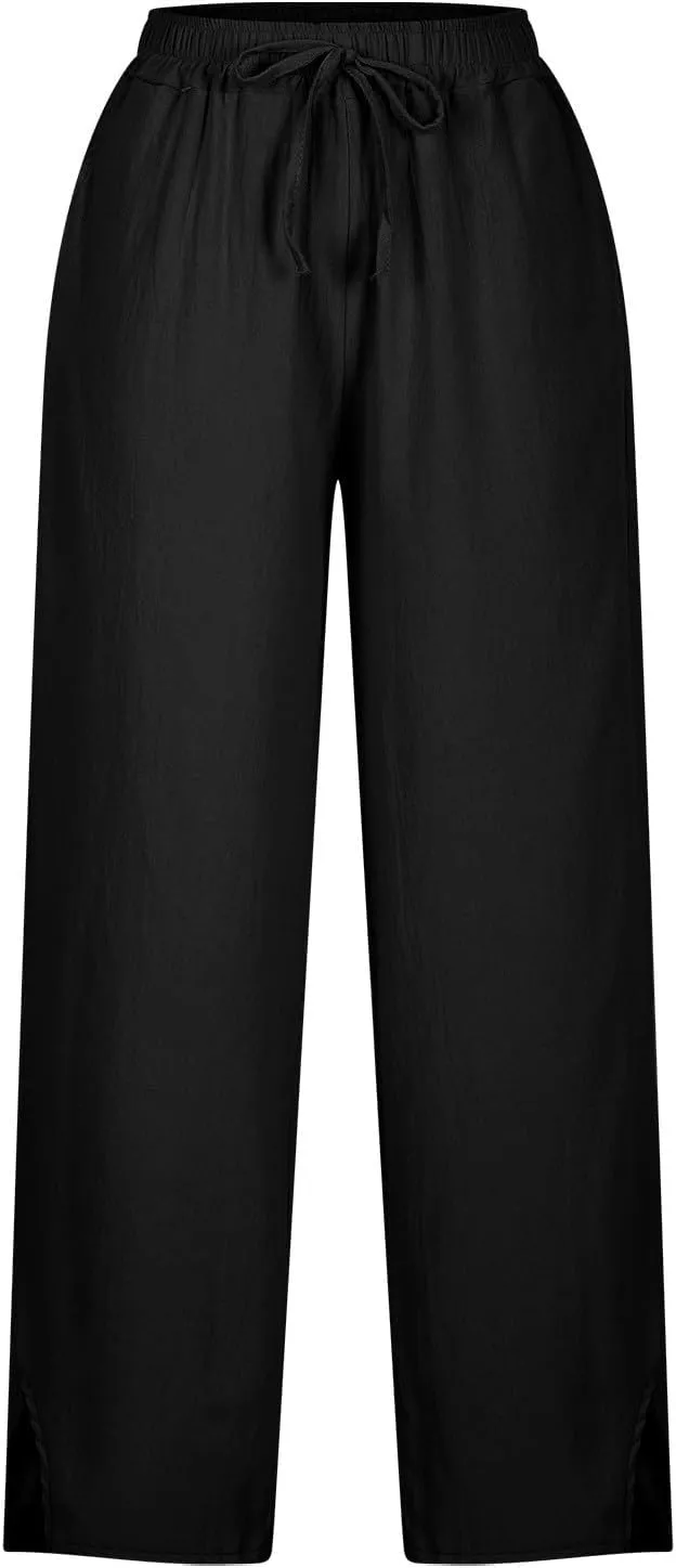 2025 Linen Pants Women High Waist Elastic Drawstring Lounge Trousers Casual Lightweight Side Split Summer Beach Pants