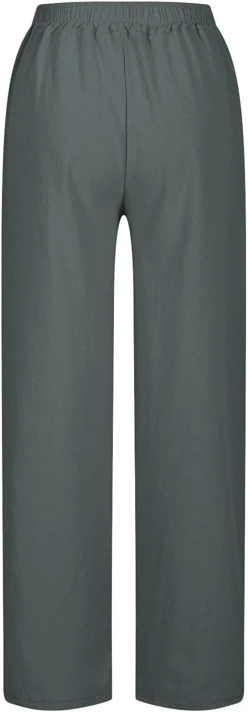 2025 Linen Pants Women High Waist Elastic Drawstring Lounge Trousers Casual Lightweight Side Split Summer Beach Pants