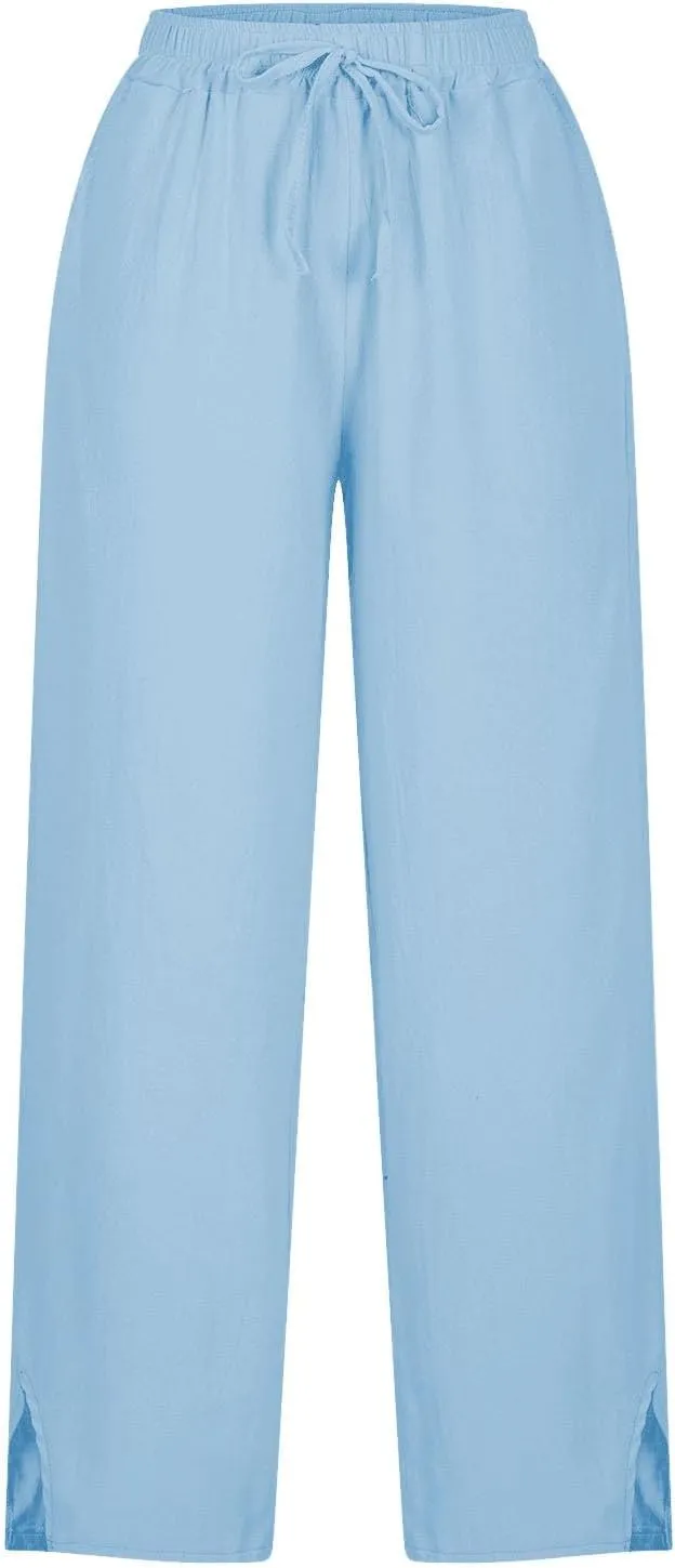 2025 Linen Pants Women High Waist Elastic Drawstring Lounge Trousers Casual Lightweight Side Split Summer Beach Pants