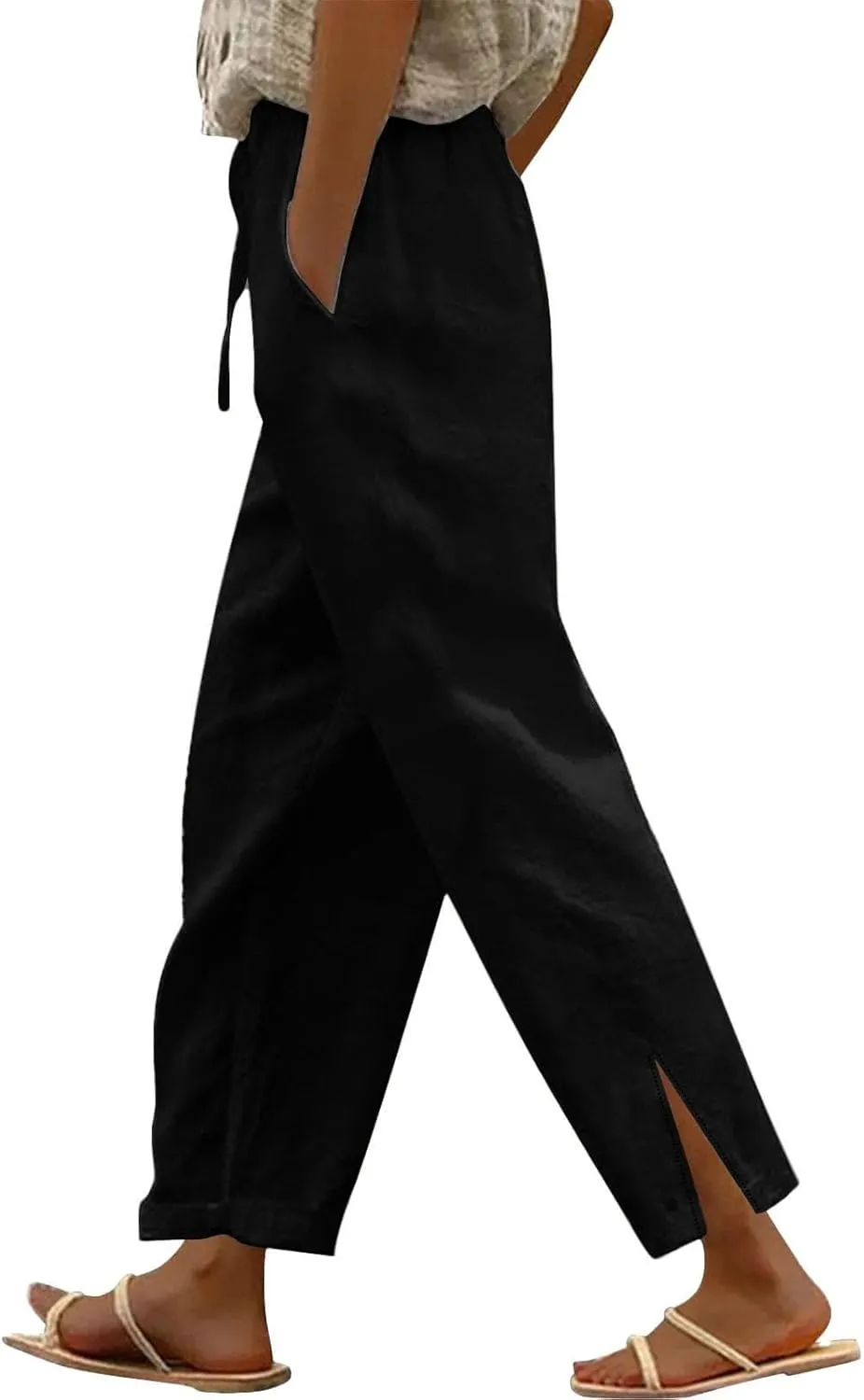 2025 Linen Pants Women High Waist Elastic Drawstring Lounge Trousers Casual Lightweight Side Split Summer Beach Pants
