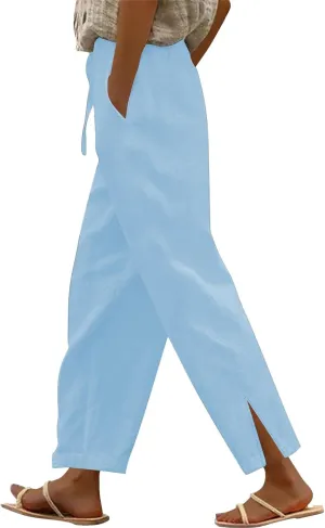2025 Linen Pants Women High Waist Elastic Drawstring Lounge Trousers Casual Lightweight Side Split Summer Beach Pants