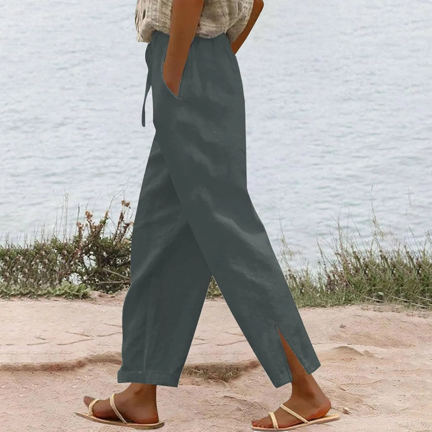 2025 Linen Pants Women High Waist Elastic Drawstring Lounge Trousers Casual Lightweight Side Split Summer Beach Pants