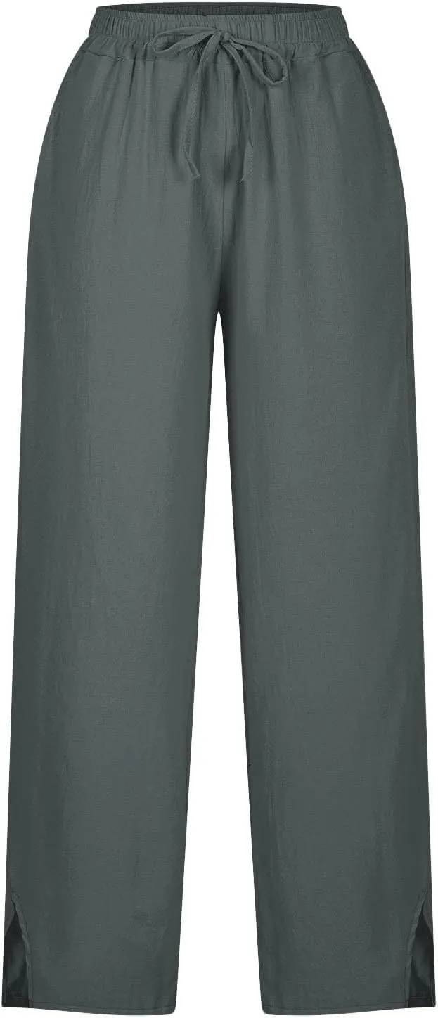 2025 Linen Pants Women High Waist Elastic Drawstring Lounge Trousers Casual Lightweight Side Split Summer Beach Pants