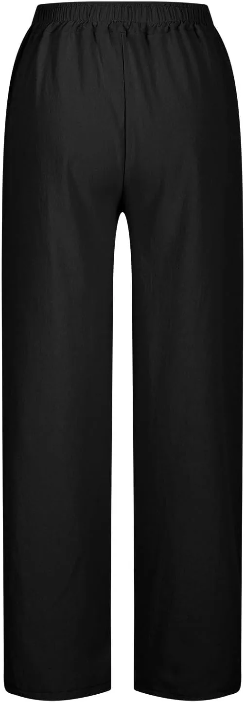 2025 Linen Pants Women High Waist Elastic Drawstring Lounge Trousers Casual Lightweight Side Split Summer Beach Pants