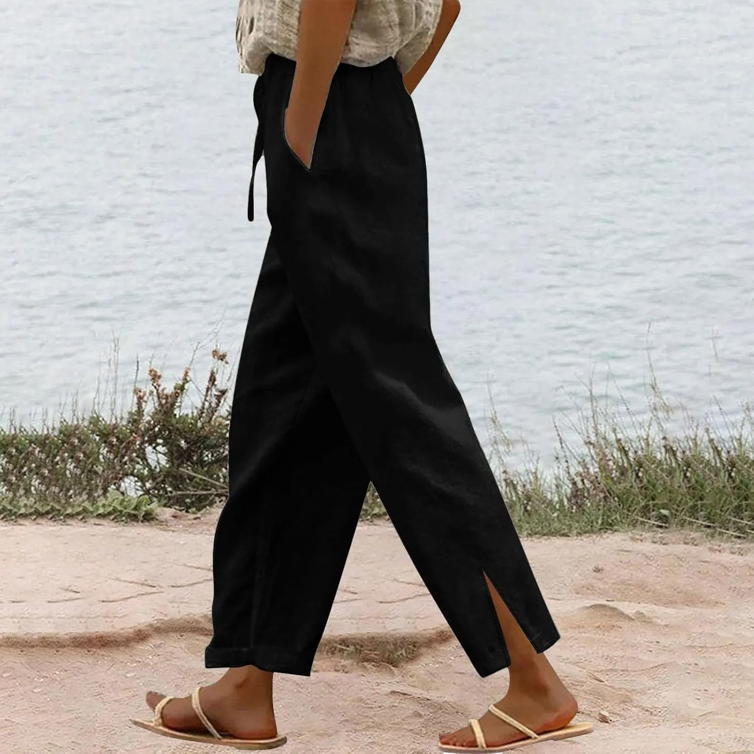 2025 Linen Pants Women High Waist Elastic Drawstring Lounge Trousers Casual Lightweight Side Split Summer Beach Pants