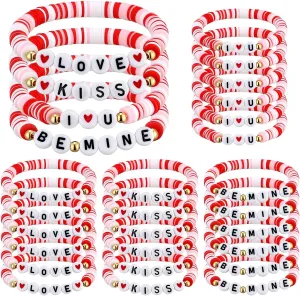 24 Pcs Valentine's Day Bracelets Bulk Heart Polymer Clay Beaded Valentine's Day Friendship Bracelets for Party Favors Gifts