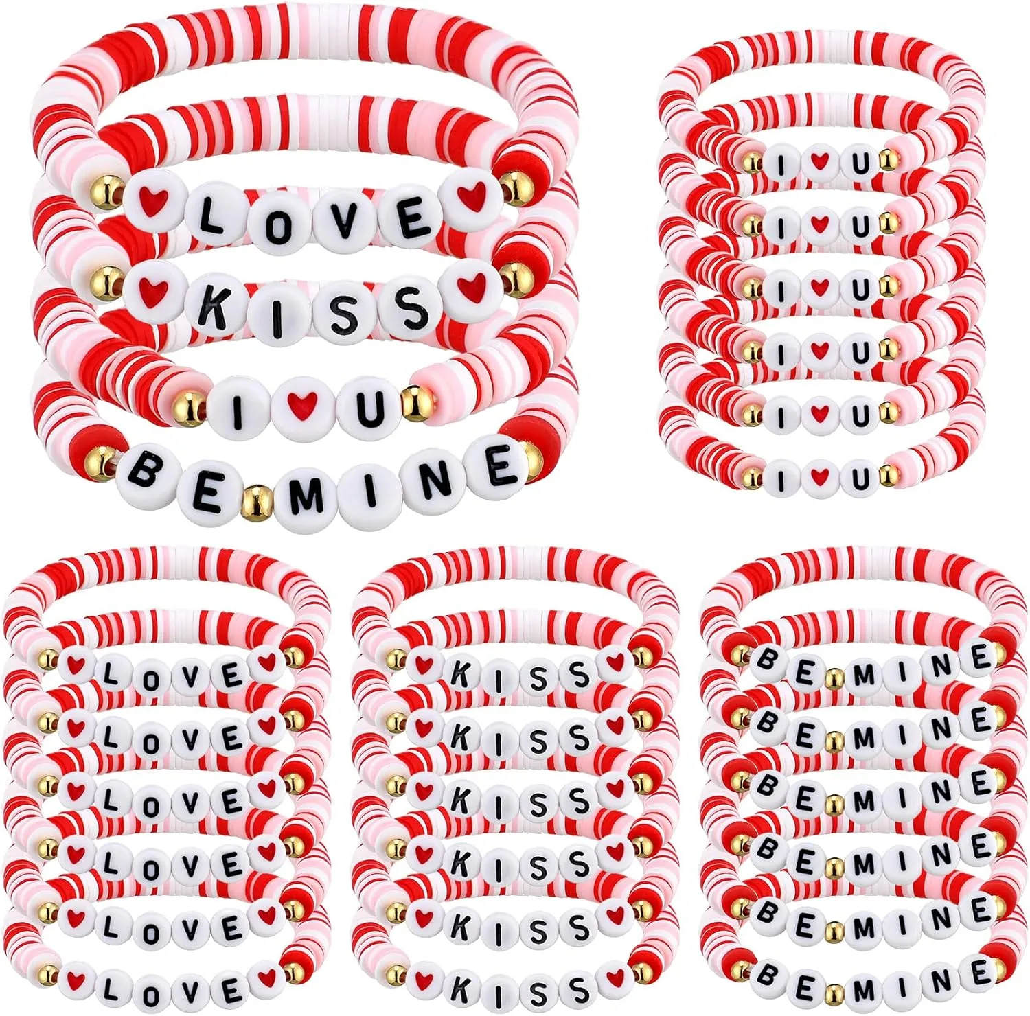 24 Pcs Valentine's Day Bracelets Bulk Heart Polymer Clay Beaded Valentine's Day Friendship Bracelets for Party Favors Gifts