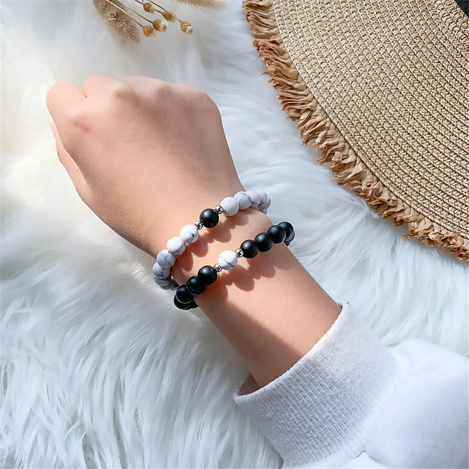2Pcs Natural Stone Chakra Tiger Eye Beads Bracelet Couples Matching Frosted Stone Bracelet for Women Men Best Friend Lovers Friendship Unisex Jewelry Gift
