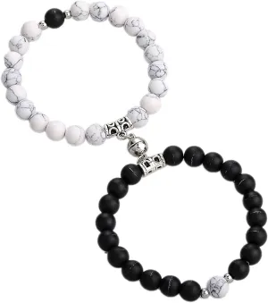 2Pcs Natural Stone Chakra Tiger Eye Beads Bracelet Couples Matching Frosted Stone Bracelet for Women Men Best Friend Lovers Friendship Unisex Jewelry Gift