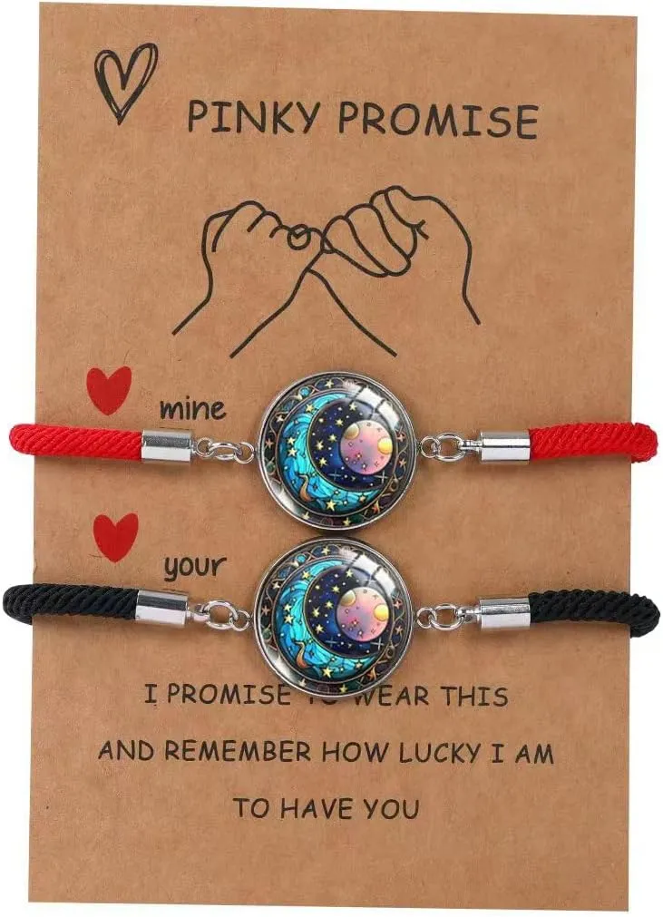 2pcs Sun and Stars Moon Couples Bracelets Pinky Promise Friendship Bracelets Set Gift for Valentine's Day Bracelet for Partners