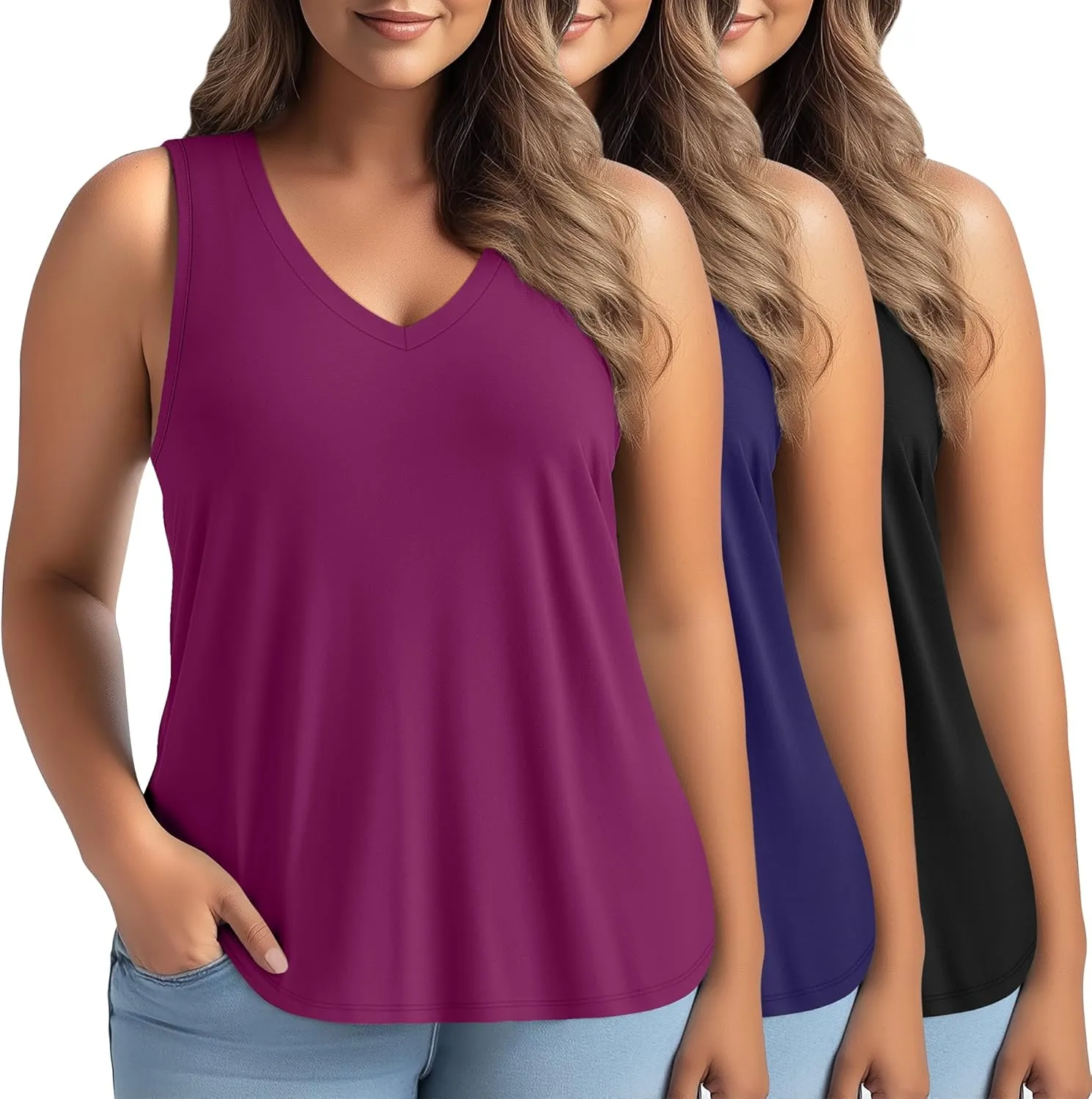 3 Pack Women's Plus Size V Neck Tank Tops Sleeveless Loose Fit Summer Tees Casual Trendy Basic T-Shirts Flat Hem