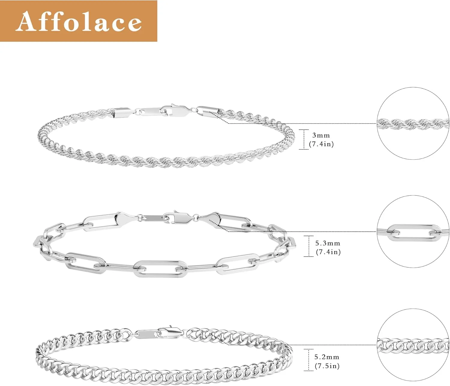 3 Pcs Chain Braclet for Men, Dainty Stackable Sterling Silver Bracelet for Men Non Tanish Simple Paperclip Snake Rope Link Chain Bracelet Set for Mens Jewelry 6.5/7/7.5/8/8.5/9 Inches