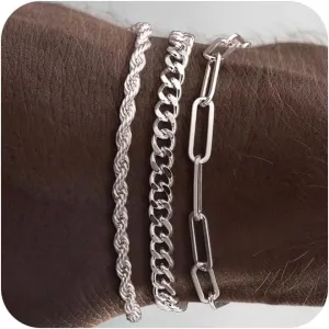 3 Pcs Chain Braclet for Men, Dainty Stackable Sterling Silver Bracelet for Men Non Tanish Simple Paperclip Snake Rope Link Chain Bracelet Set for Mens Jewelry 6.5/7/7.5/8/8.5/9 Inches
