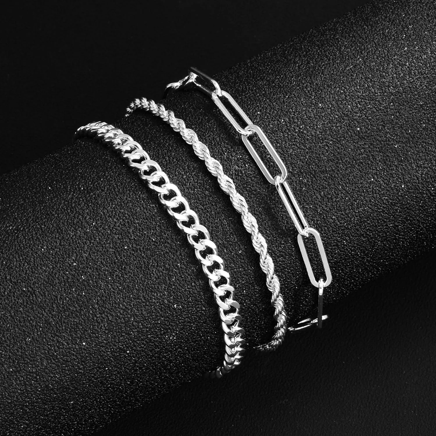 3 Pcs Chain Braclet for Men, Dainty Stackable Sterling Silver Bracelet for Men Non Tanish Simple Paperclip Snake Rope Link Chain Bracelet Set for Mens Jewelry 6.5/7/7.5/8/8.5/9 Inches