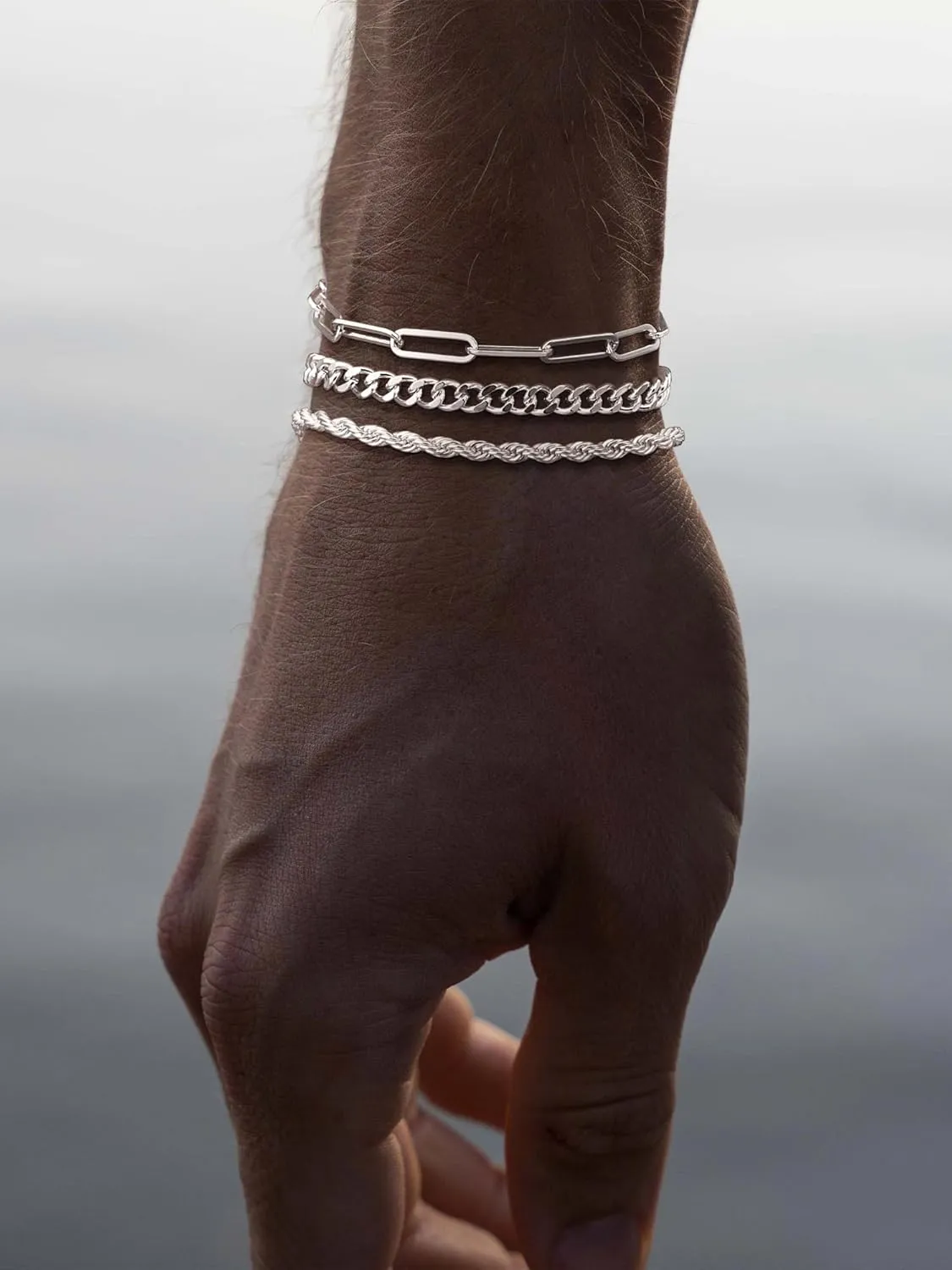 3 Pcs Chain Braclet for Men, Dainty Stackable Sterling Silver Bracelet for Men Non Tanish Simple Paperclip Snake Rope Link Chain Bracelet Set for Mens Jewelry 6.5/7/7.5/8/8.5/9 Inches