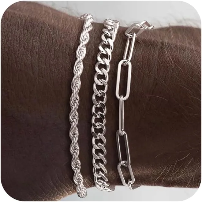 3 Pcs Chain Braclet for Men, Dainty Stackable Sterling Silver Bracelet for Men Non Tanish Simple Paperclip Snake Rope Link Chain Bracelet Set for Mens Jewelry 6.5/7/7.5/8/8.5/9 Inches