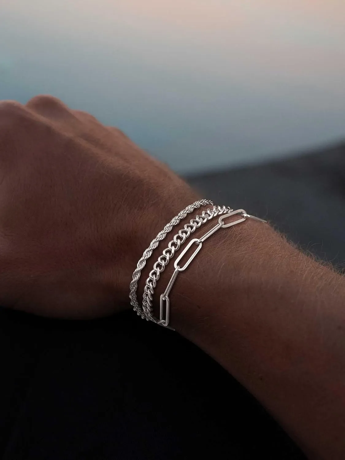 3 Pcs Chain Braclet for Men, Dainty Stackable Sterling Silver Bracelet for Men Non Tanish Simple Paperclip Snake Rope Link Chain Bracelet Set for Mens Jewelry 6.5/7/7.5/8/8.5/9 Inches