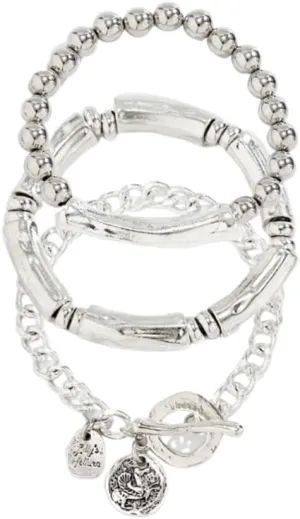3 Pcs Layered Beaded Silver Color Stretch Bracelets Set Dainty Elastic Round Ball Beads Tube Chunky Chain Bracelets Stackable Silver Toggle Cuban Link Bracelets Trendy Jewelry for Women