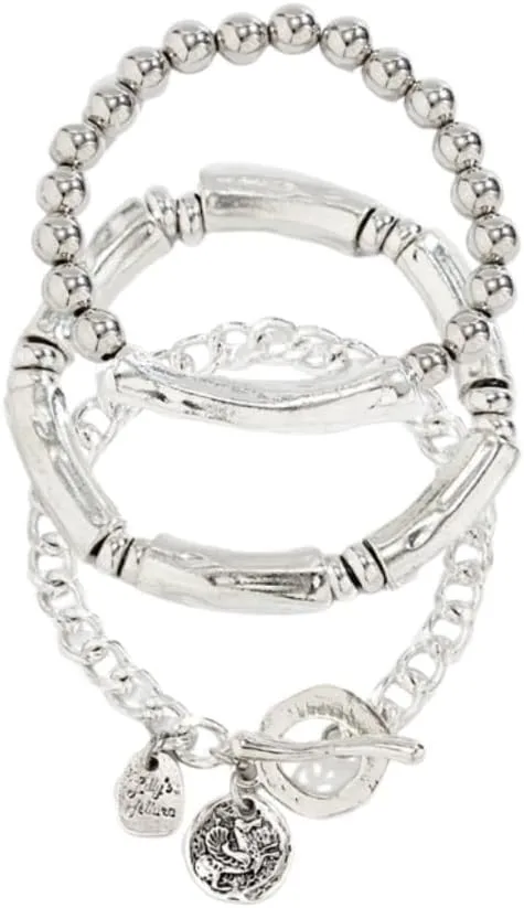 3 Pcs Layered Beaded Silver Color Stretch Bracelets Set Dainty Elastic Round Ball Beads Tube Chunky Chain Bracelets Stackable Silver Toggle Cuban Link Bracelets Trendy Jewelry for Women