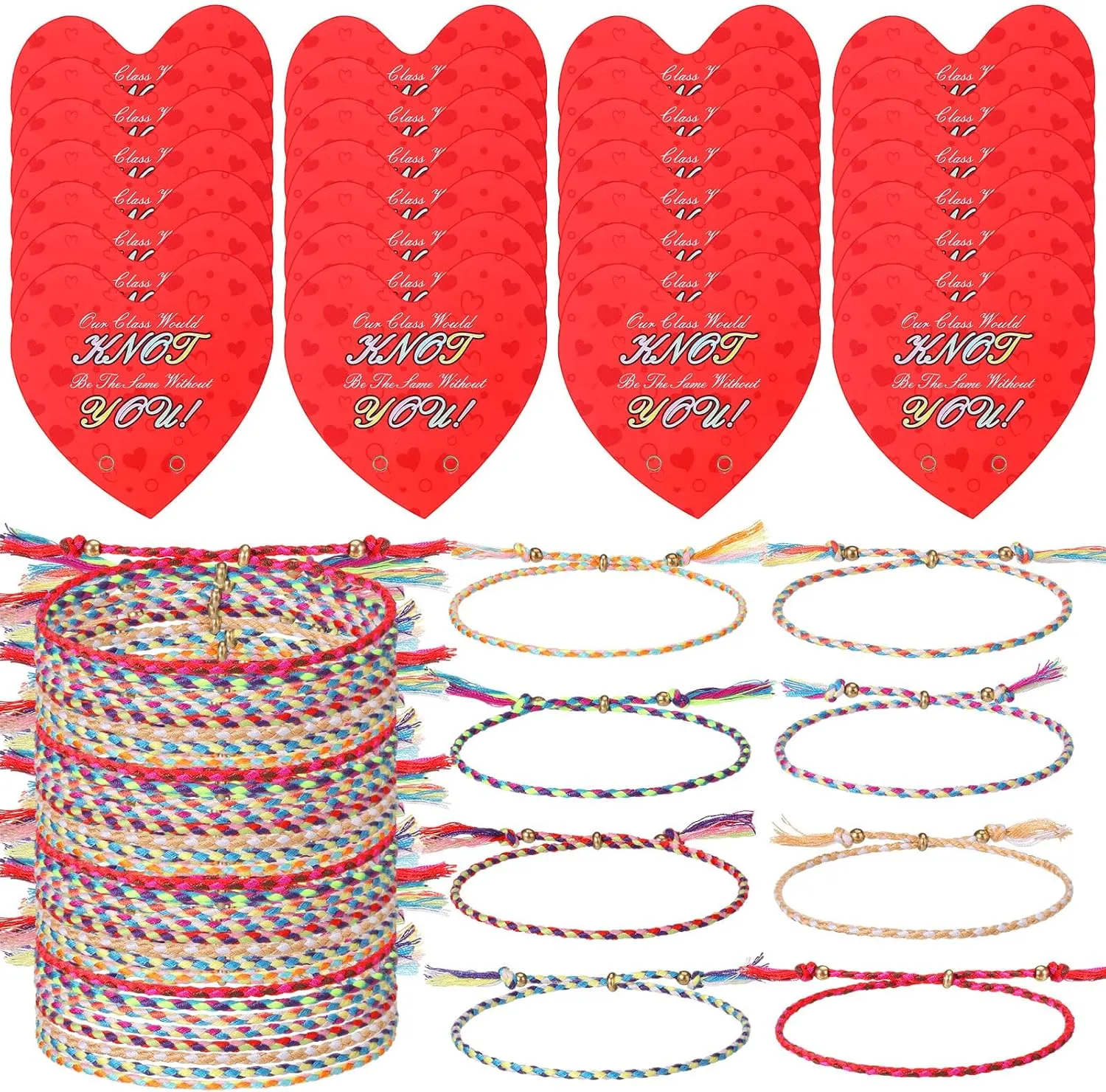 32 Sets Valentines Friendship Bracelets with Cards Adjustable Stretch Beaded Knot Bracelet Bulk Exchange Gifts