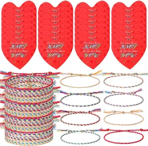 32 Sets Valentines Friendship Bracelets with Cards Adjustable Stretch Beaded Knot Bracelet Bulk Exchange Gifts